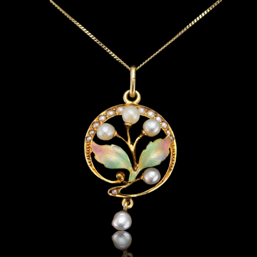 Antique Edwardian Pearl & Enamel Pendant Necklace 15ct Gold Art Nouveau Floral/Leaf Design - c.1910 View XV