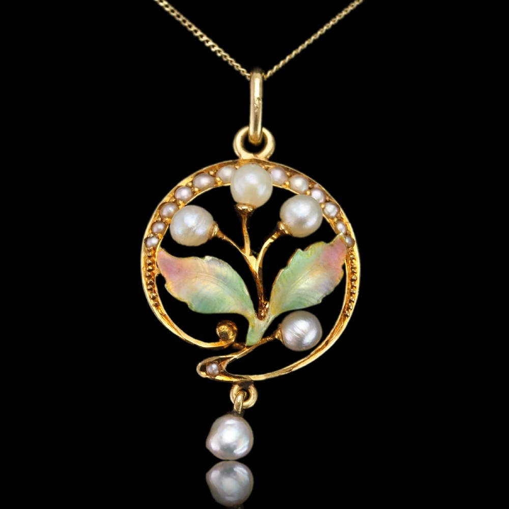 Antique Edwardian Pearl & Enamel Pendant Necklace 15ct Gold Art Nouveau Floral/Leaf Design - c.1910 View XVI