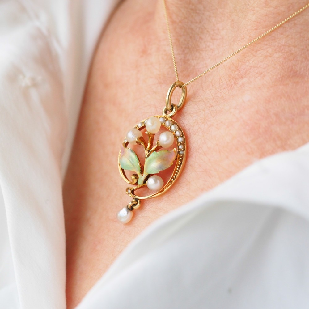 Antique Edwardian Pearl & Enamel Pendant Necklace 15ct Gold Art Nouveau Floral/Leaf Design - c.1910 View XVIII