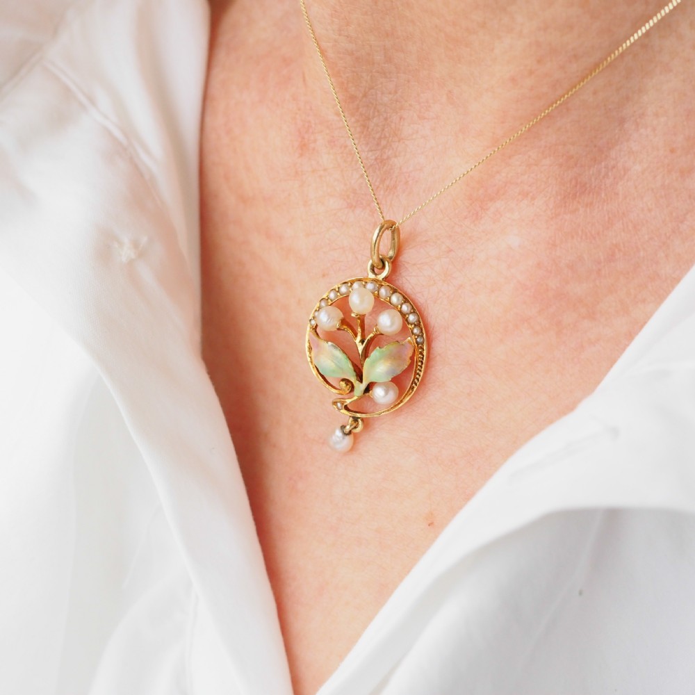 Antique Edwardian Pearl & Enamel Pendant Necklace 15ct Gold Art Nouveau Floral/Leaf Design - c.1910 View XIX