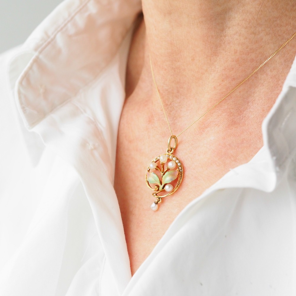 Antique Edwardian Pearl & Enamel Pendant Necklace 15ct Gold Art Nouveau Floral/Leaf Design - c.1910 View XX