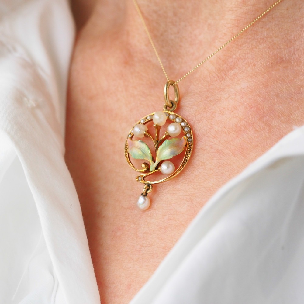 Antique Edwardian Pearl & Enamel Pendant Necklace 15ct Gold Art Nouveau Floral/Leaf Design - c.1910 View XXI