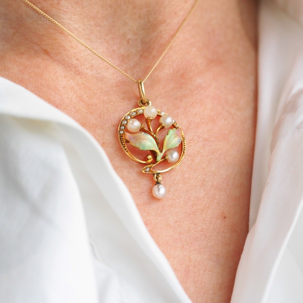 Antique Edwardian Pearl & Enamel Pendant Necklace 15ct Gold Art Nouveau Floral/Leaf Design - c.1910 View XXII