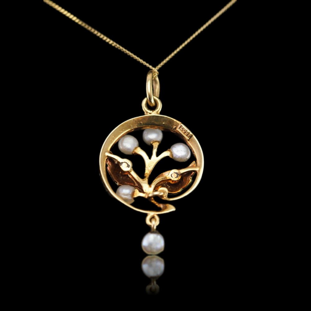 Antique Edwardian Pearl & Enamel Pendant Necklace 15ct Gold Art Nouveau Floral/Leaf Design - c.1910 View XXV