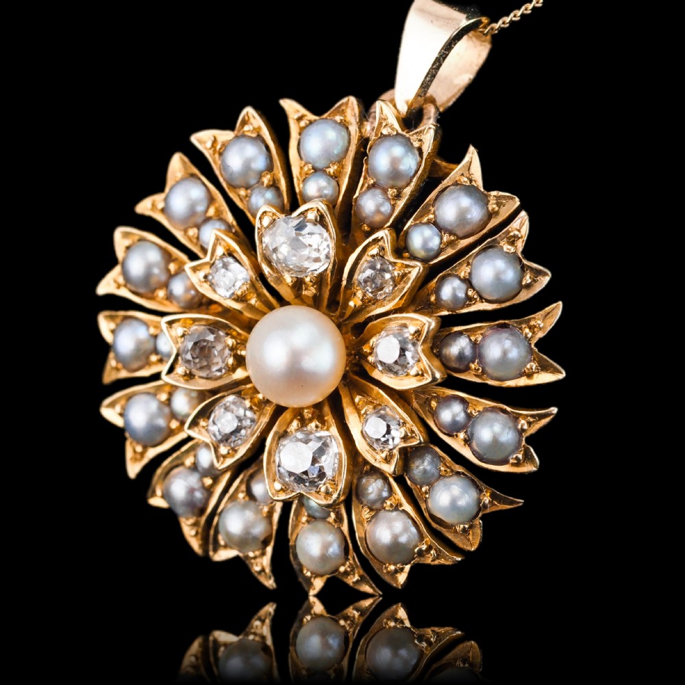 Antique Victorian Diamond and Pearl Necklace/Choker 15ct Gold Floral Design - c.1900 View II