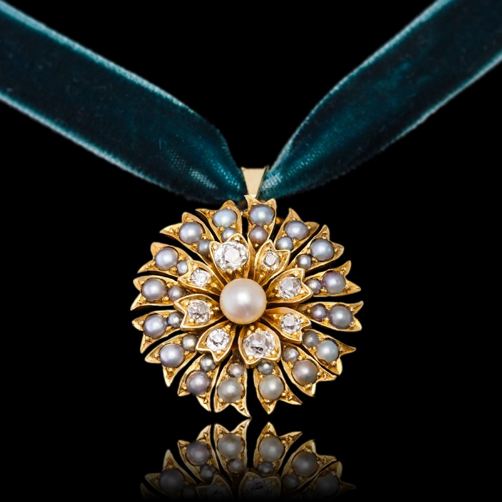 Antique Victorian Diamond and Pearl Necklace/Choker 15ct Gold Floral Design - c.1900 View V