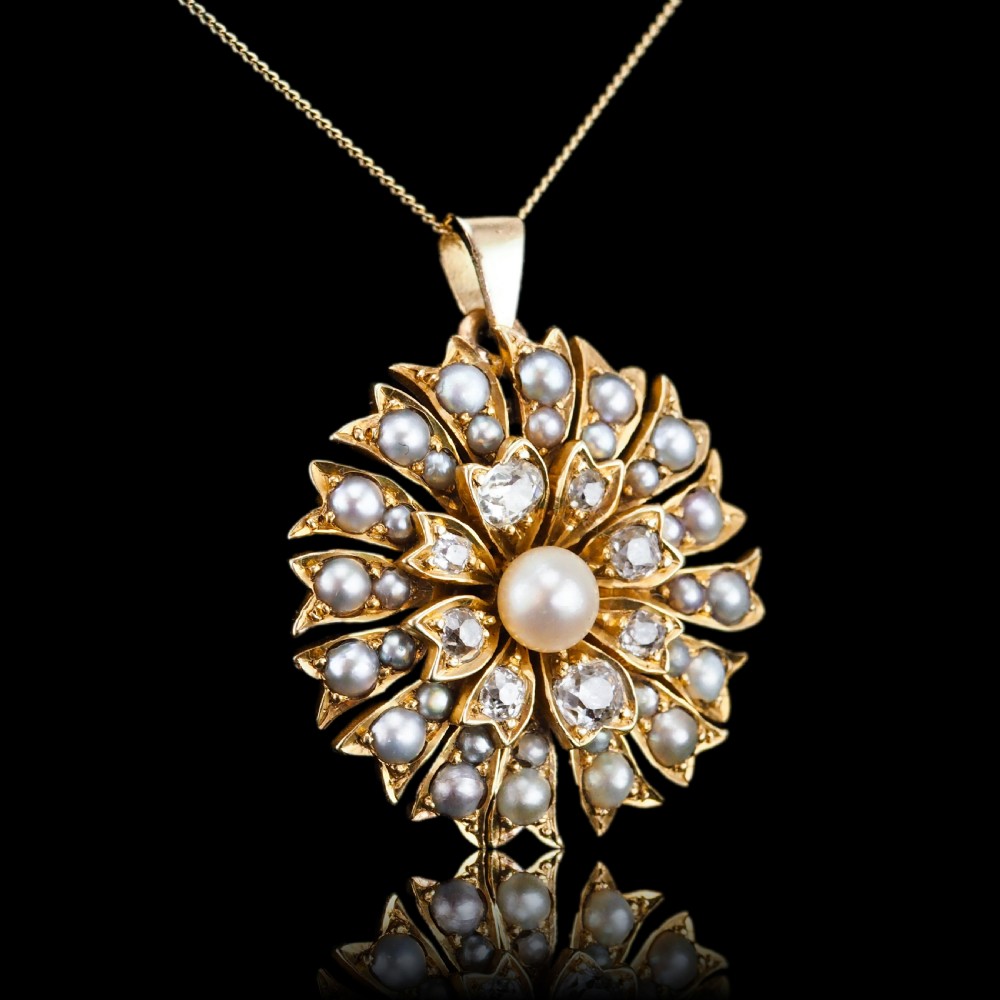 Antique Victorian Diamond and Pearl Necklace/Choker 15ct Gold Floral Design - c.1900 View VII