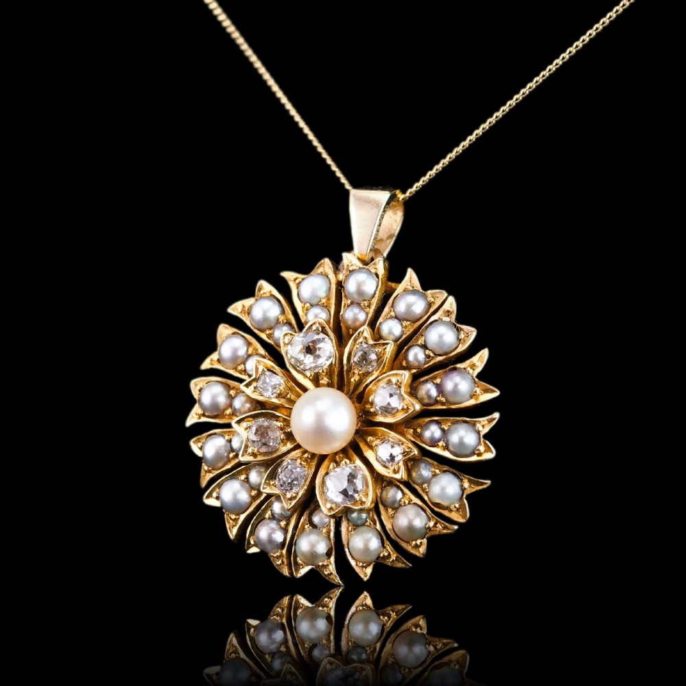 Antique Victorian Diamond and Pearl Necklace/Choker 15ct Gold Floral Design - c.1900 View VIII