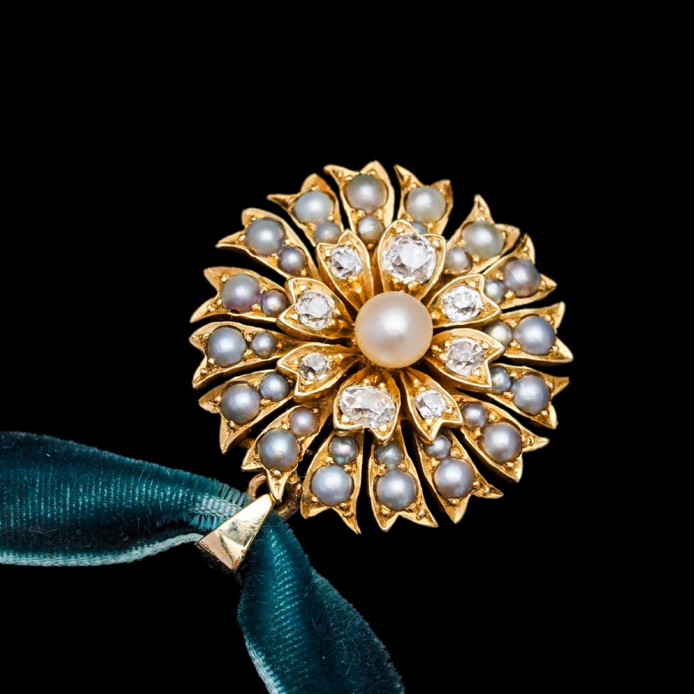 Antique Victorian Diamond and Pearl Necklace/Choker 15ct Gold Floral Design - c.1900 View IX