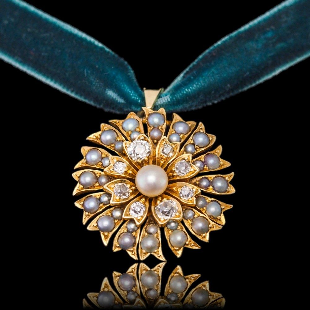 Antique Victorian Diamond and Pearl Necklace/Choker 15ct Gold Floral Design - c.1900 View XII