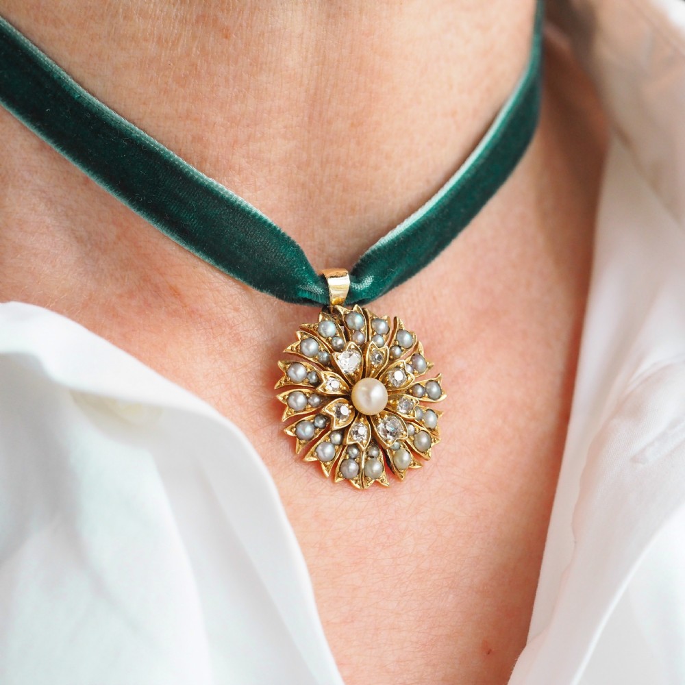Antique Victorian Diamond and Pearl Necklace/Choker 15ct Gold Floral Design - c.1900 View XV