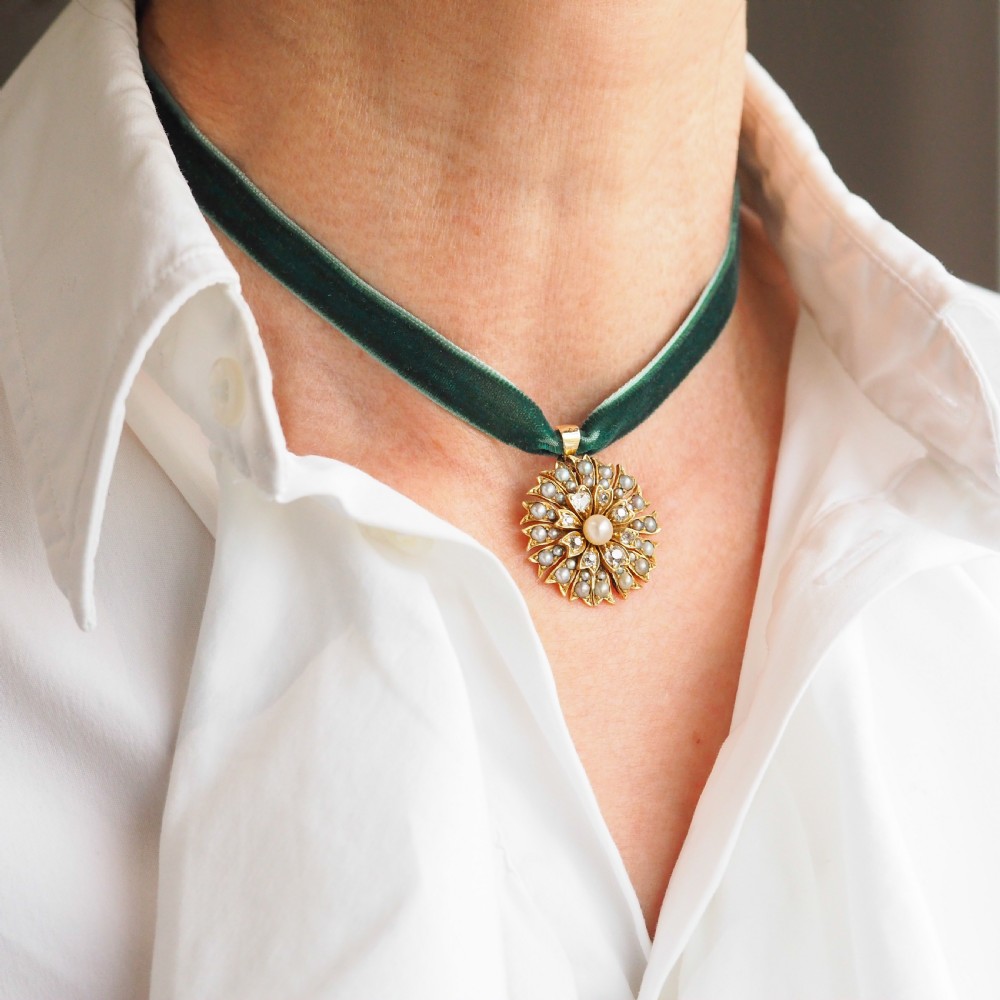 Antique Victorian Diamond and Pearl Necklace/Choker 15ct Gold Floral Design - c.1900 View XVI