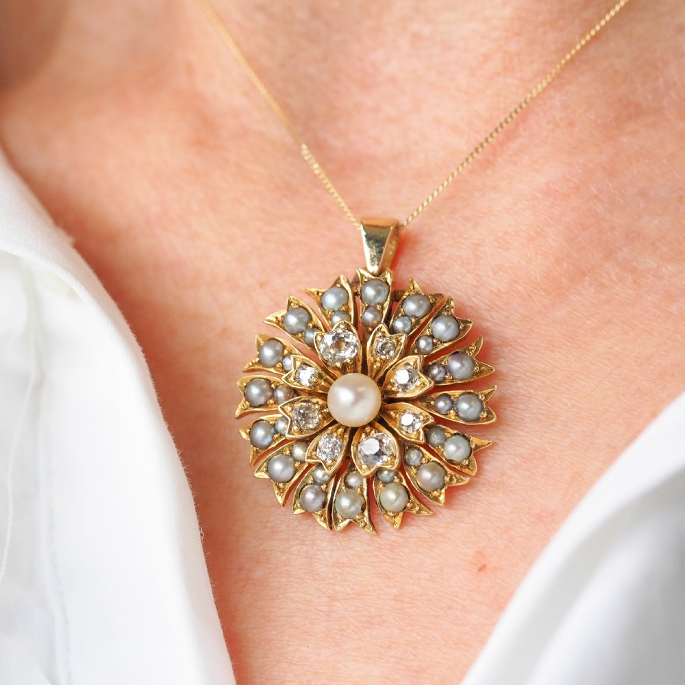 Antique Victorian Diamond and Pearl Necklace/Choker 15ct Gold Floral Design - c.1900 View XVIII