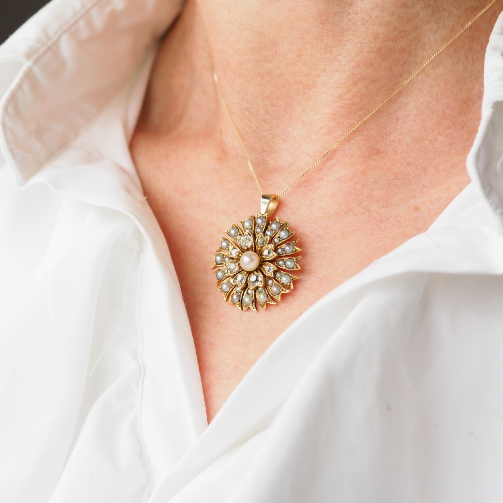 Antique Victorian Diamond and Pearl Necklace/Choker 15ct Gold Floral Design - c.1900 View XIX