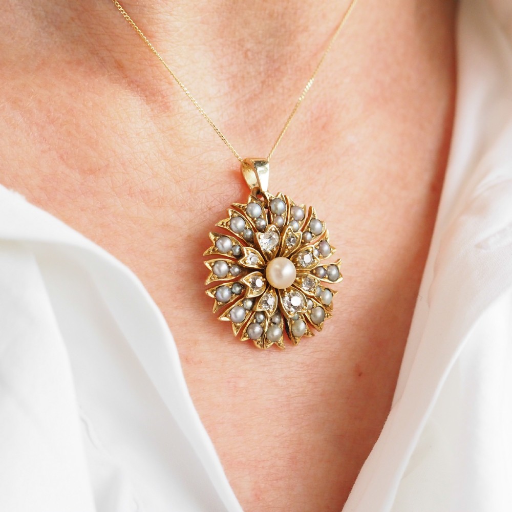 Antique Victorian Diamond and Pearl Necklace/Choker 15ct Gold Floral Design - c.1900 View XX