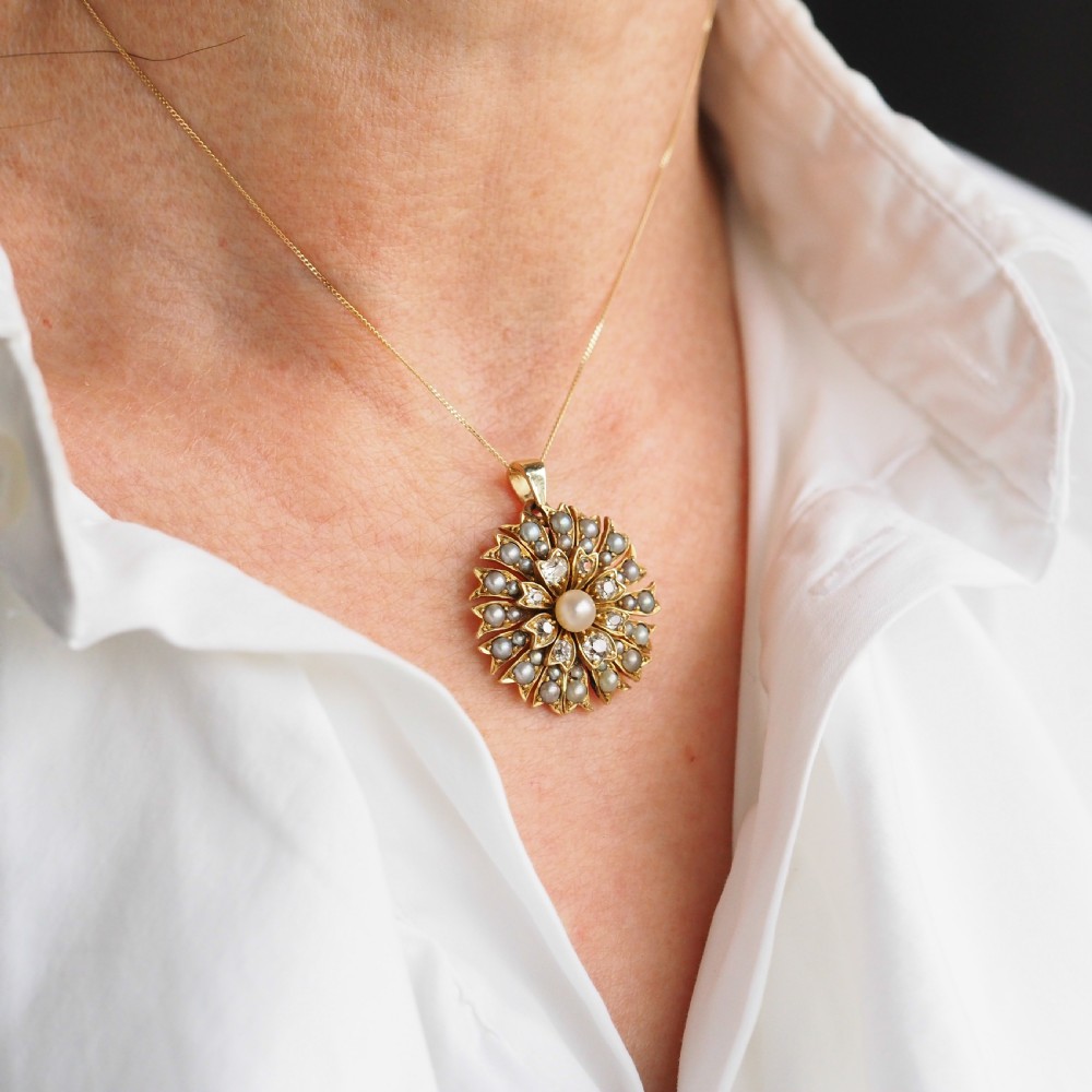 Antique Victorian Diamond and Pearl Necklace/Choker 15ct Gold Floral Design - c.1900 View XXI