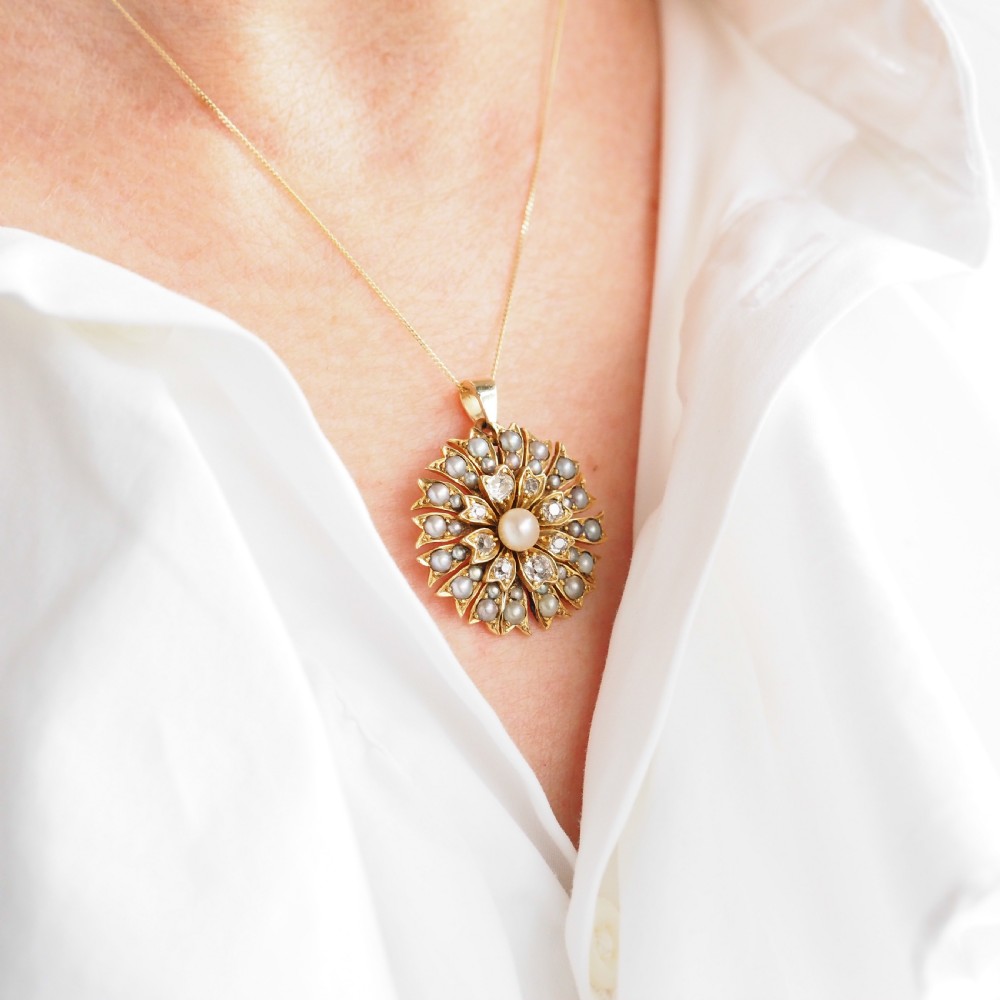 Antique Victorian Diamond and Pearl Necklace/Choker 15ct Gold Floral Design - c.1900 View XXII