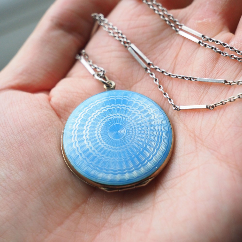 Antique Norwegian Blue Guilloche Enamel Pendant Necklace with Locket - Marius Hammer c.1900