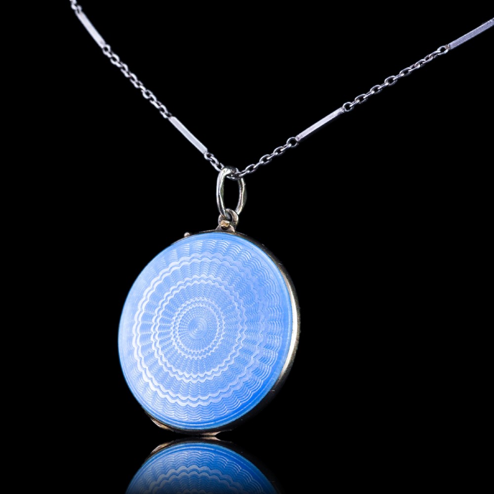 Antique Norwegian Blue Guilloche Enamel Pendant Necklace with Locket - Marius Hammer c.1900 View II