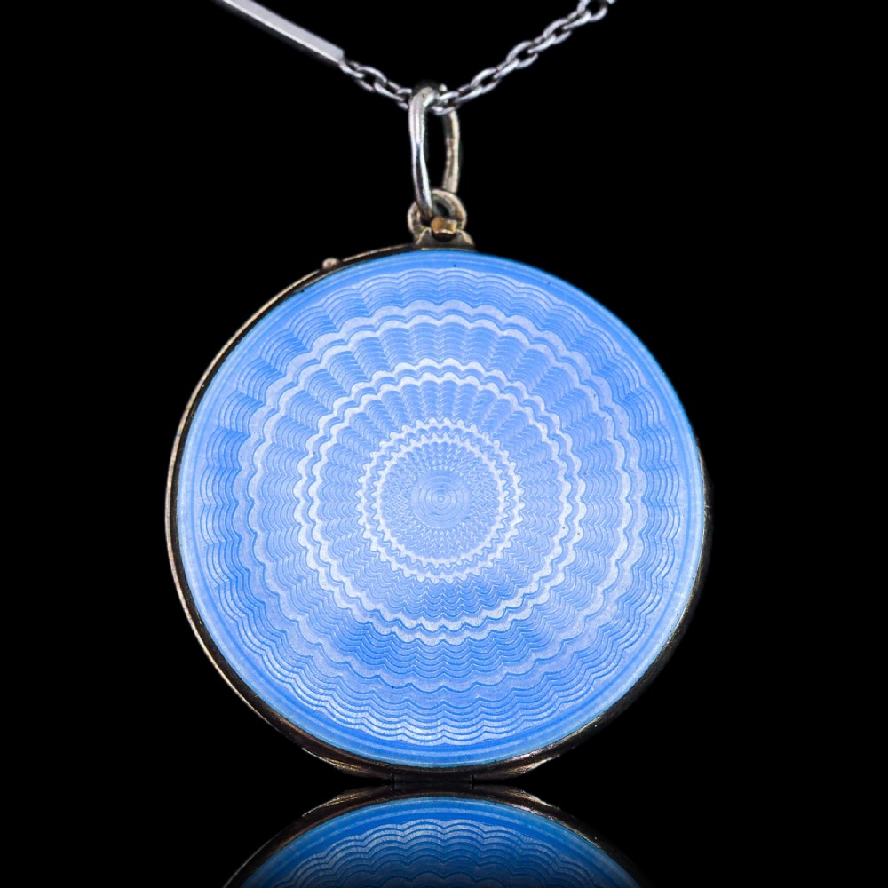 Antique Norwegian Blue Guilloche Enamel Pendant Necklace with Locket - Marius Hammer c.1900 View VIII