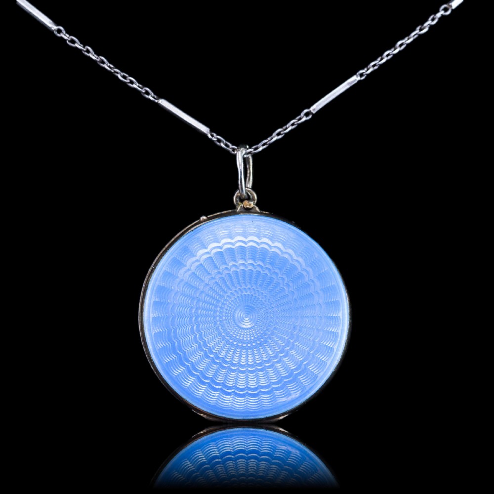 Antique Norwegian Blue Guilloche Enamel Pendant Necklace with Locket - Marius Hammer c.1900 View IX