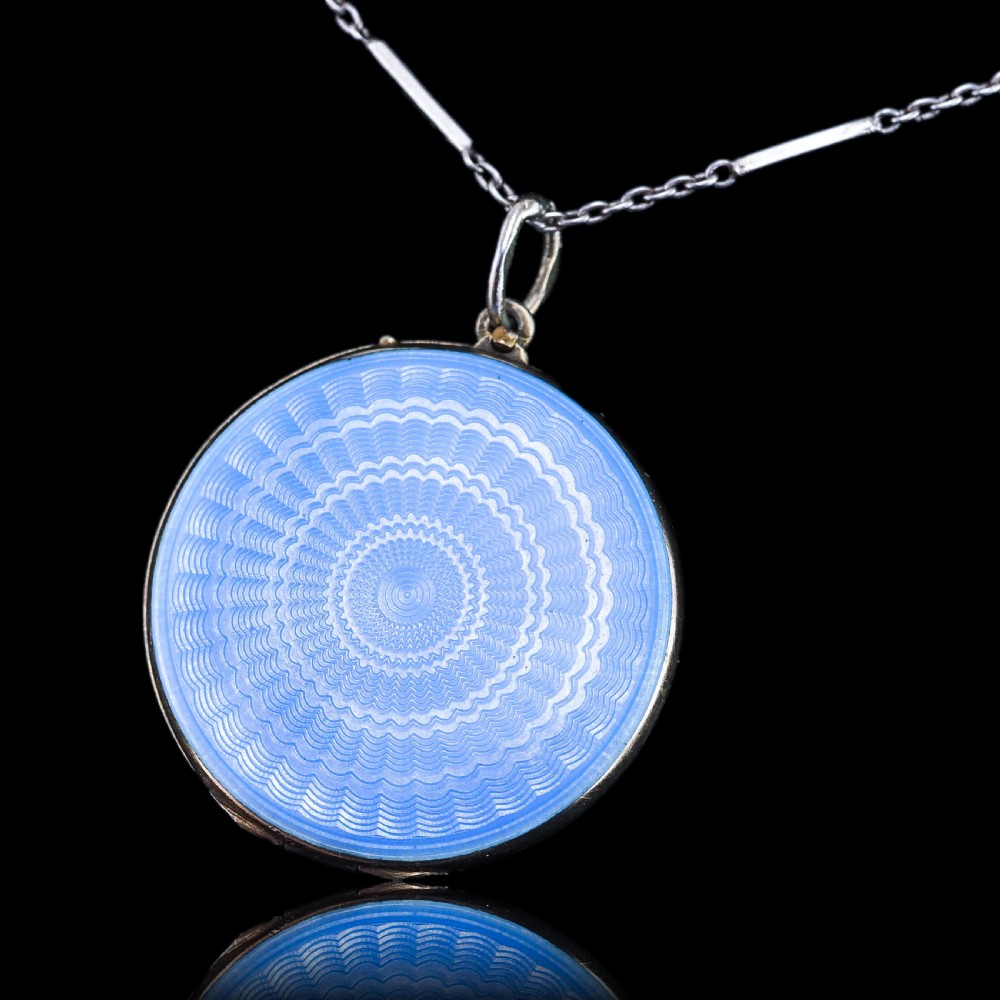 Antique Norwegian Blue Guilloche Enamel Pendant Necklace with Locket - Marius Hammer c.1900 View X
