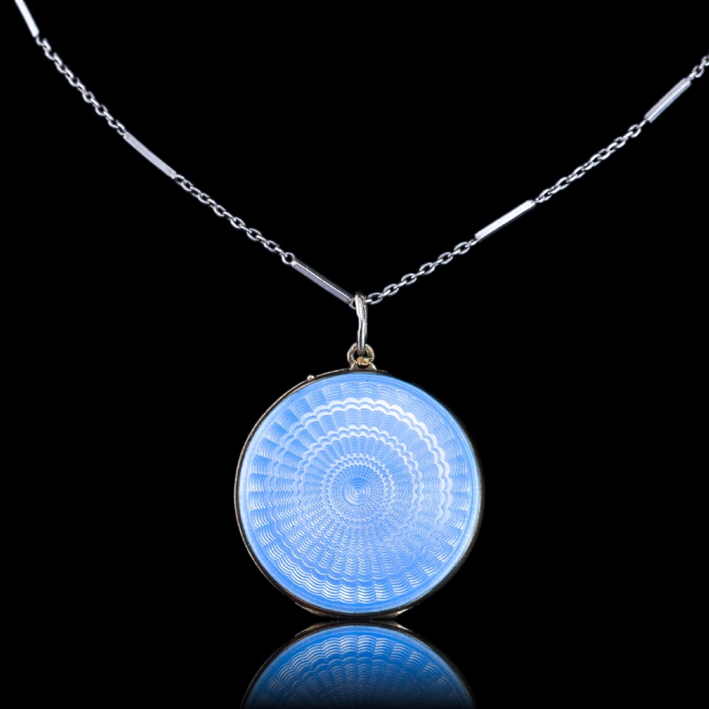 Antique Norwegian Blue Guilloche Enamel Pendant Necklace with Locket - Marius Hammer c.1900 View XI