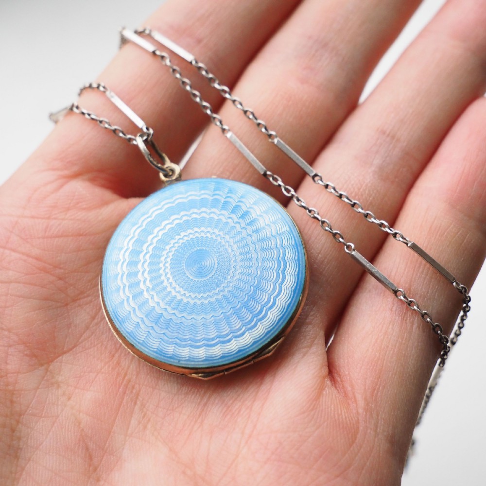 Antique Norwegian Blue Guilloche Enamel Pendant Necklace with Locket - Marius Hammer c.1900 View XII