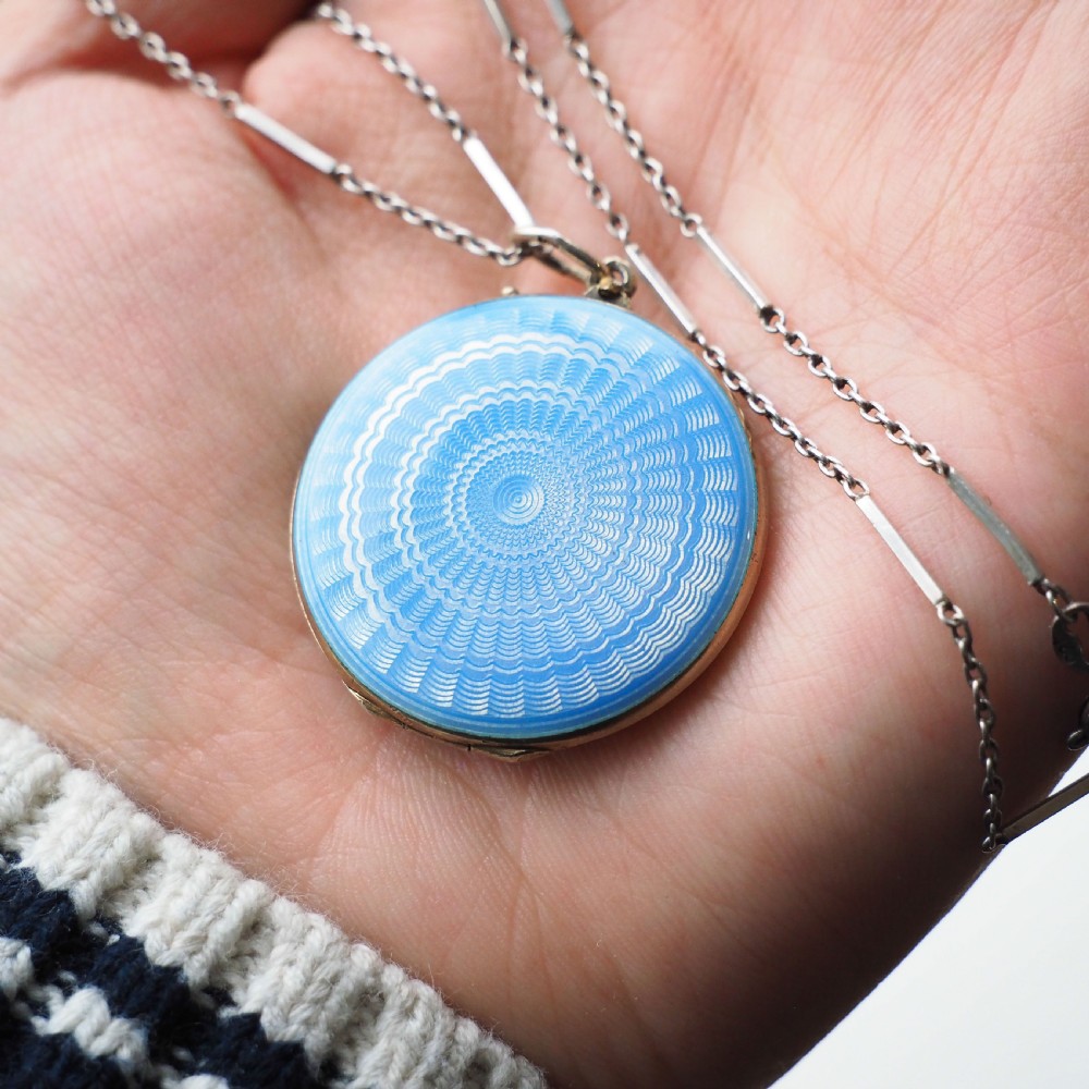 Antique Norwegian Blue Guilloche Enamel Pendant Necklace with Locket - Marius Hammer c.1900 View XIII