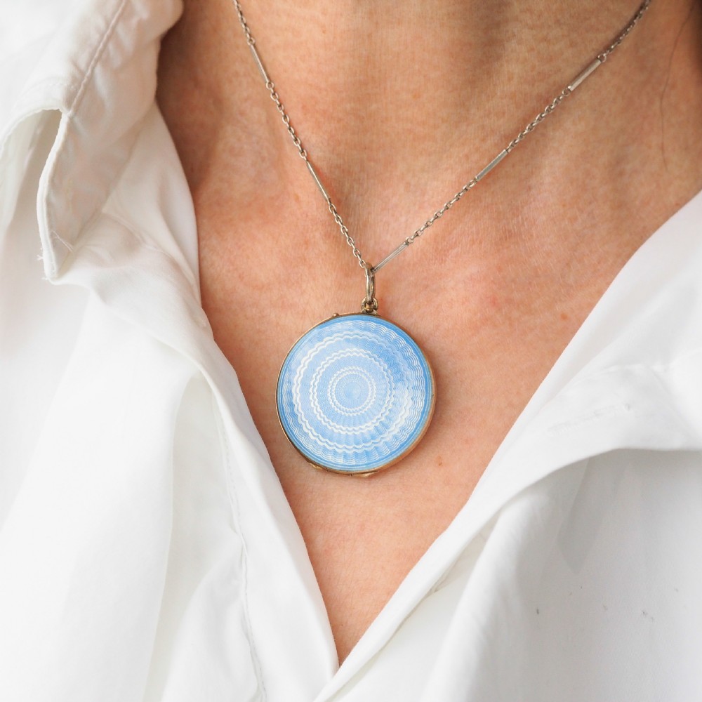 Antique Norwegian Blue Guilloche Enamel Pendant Necklace with Locket - Marius Hammer c.1900 View XV