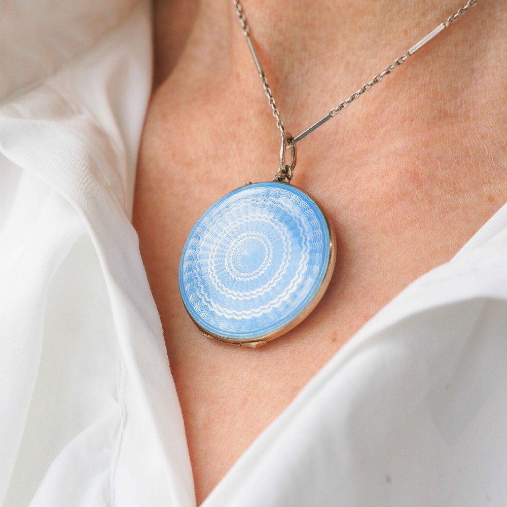 Antique Norwegian Blue Guilloche Enamel Pendant Necklace with Locket - Marius Hammer c.1900 View XVI
