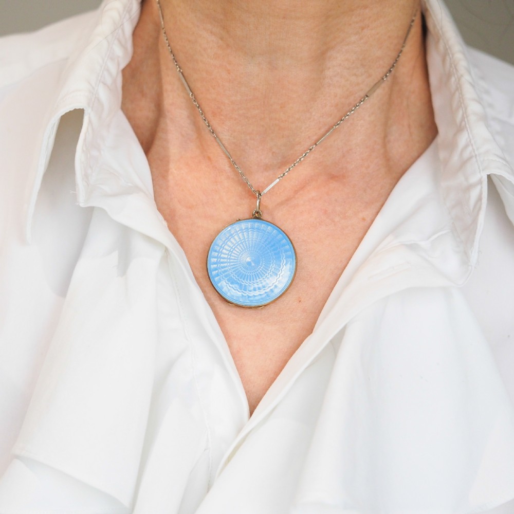 Antique Norwegian Blue Guilloche Enamel Pendant Necklace with Locket - Marius Hammer c.1900 View XVII