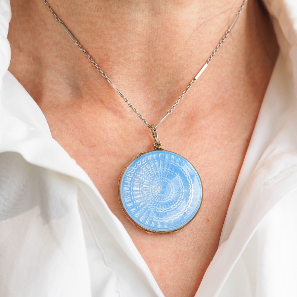 Antique Norwegian Blue Guilloche Enamel Pendant Necklace with Locket - Marius Hammer c.1900 View XVIII