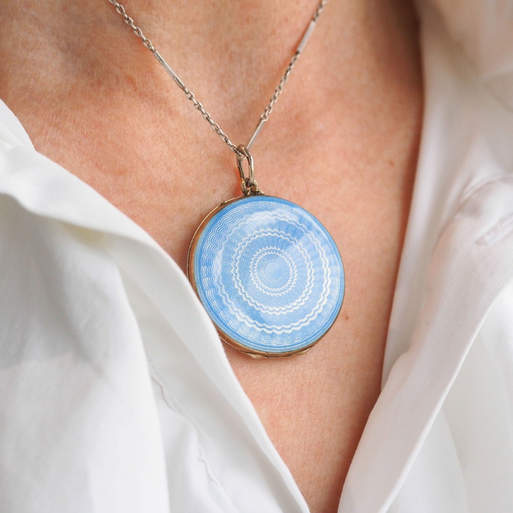 Antique Norwegian Blue Guilloche Enamel Pendant Necklace with Locket - Marius Hammer c.1900 View XIX