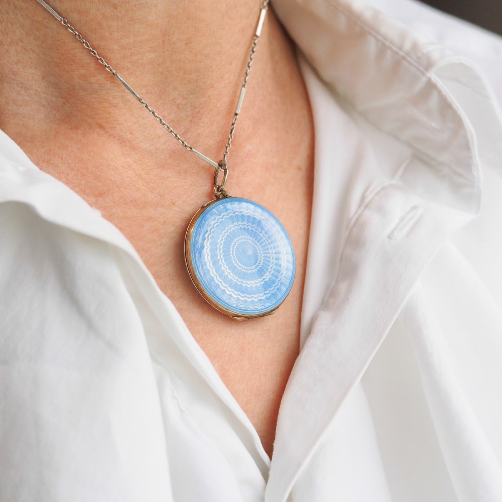 Antique Norwegian Blue Guilloche Enamel Pendant Necklace with Locket - Marius Hammer c.1900 View XX