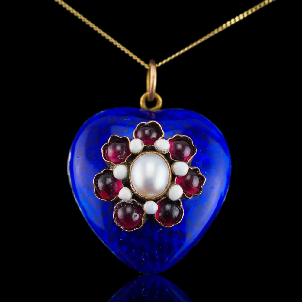 Antique Victorian Blue Enamel Garnet & Pearl 'Puffy' Heart Shaped Pendant Necklace - c.1900 View III