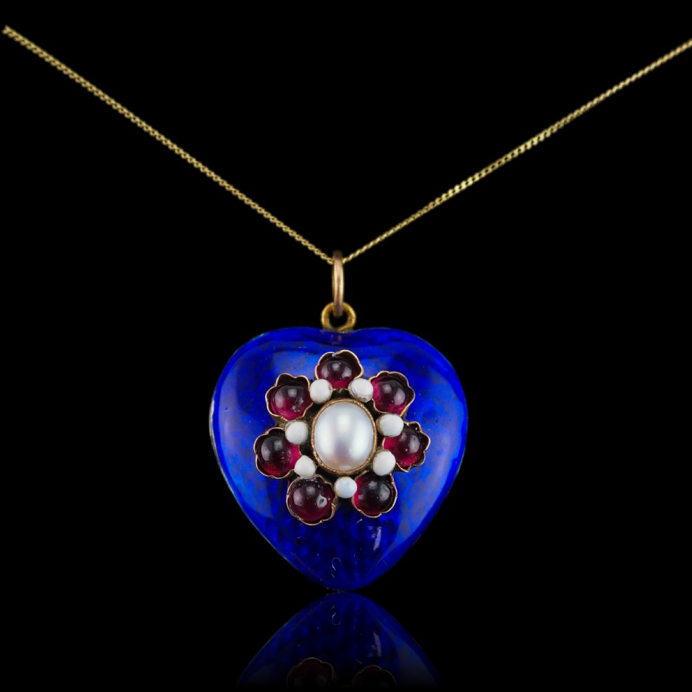 Antique Victorian Blue Enamel Garnet & Pearl 'Puffy' Heart Shaped Pendant Necklace - c.1900 View V