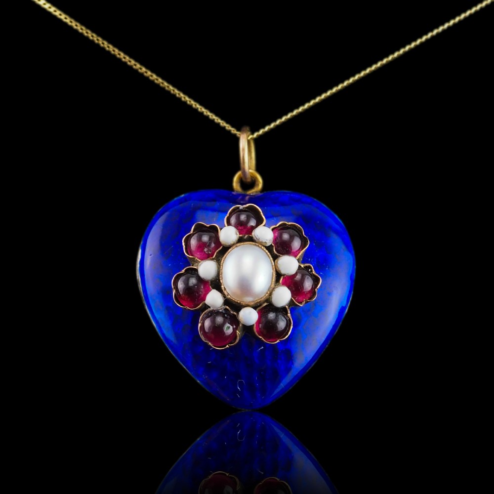 Antique Victorian Blue Enamel Garnet & Pearl 'Puffy' Heart Shaped Pendant Necklace - c.1900 View VI