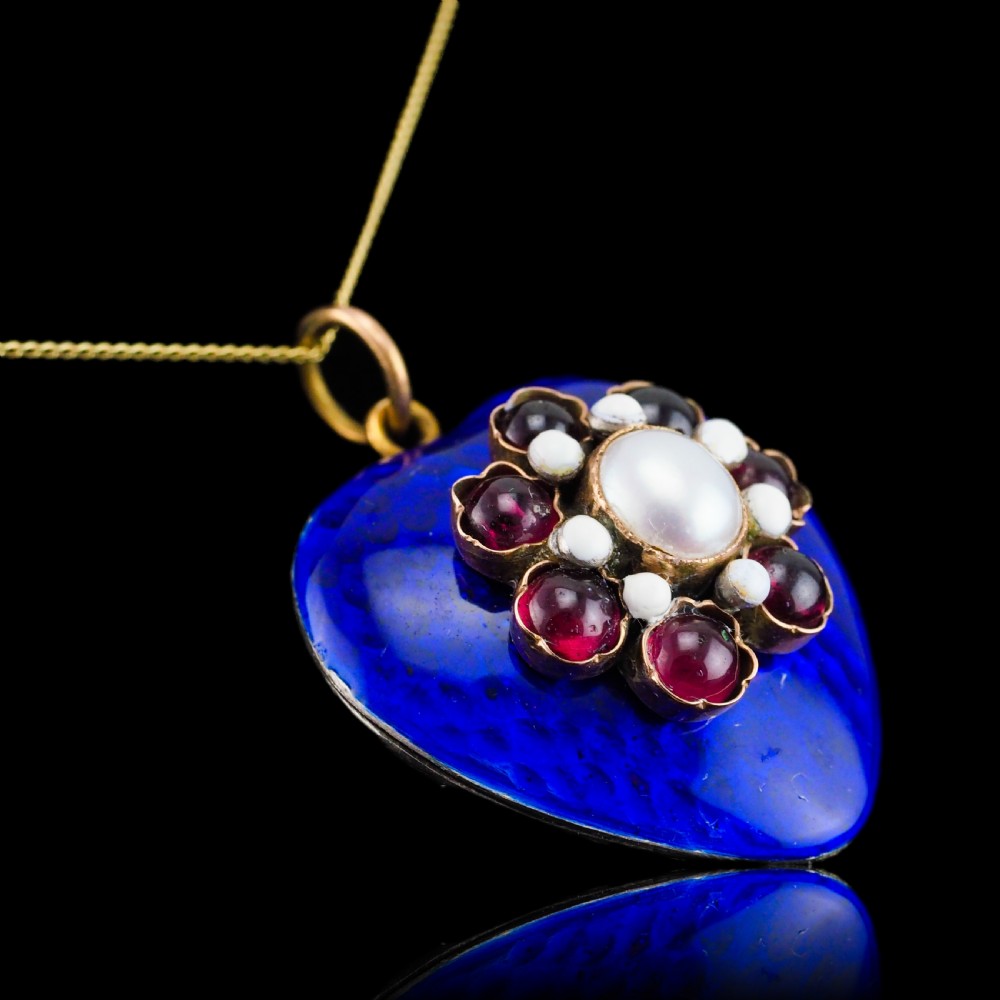 Antique Victorian Blue Enamel Garnet & Pearl 'Puffy' Heart Shaped Pendant Necklace - c.1900 View VIII