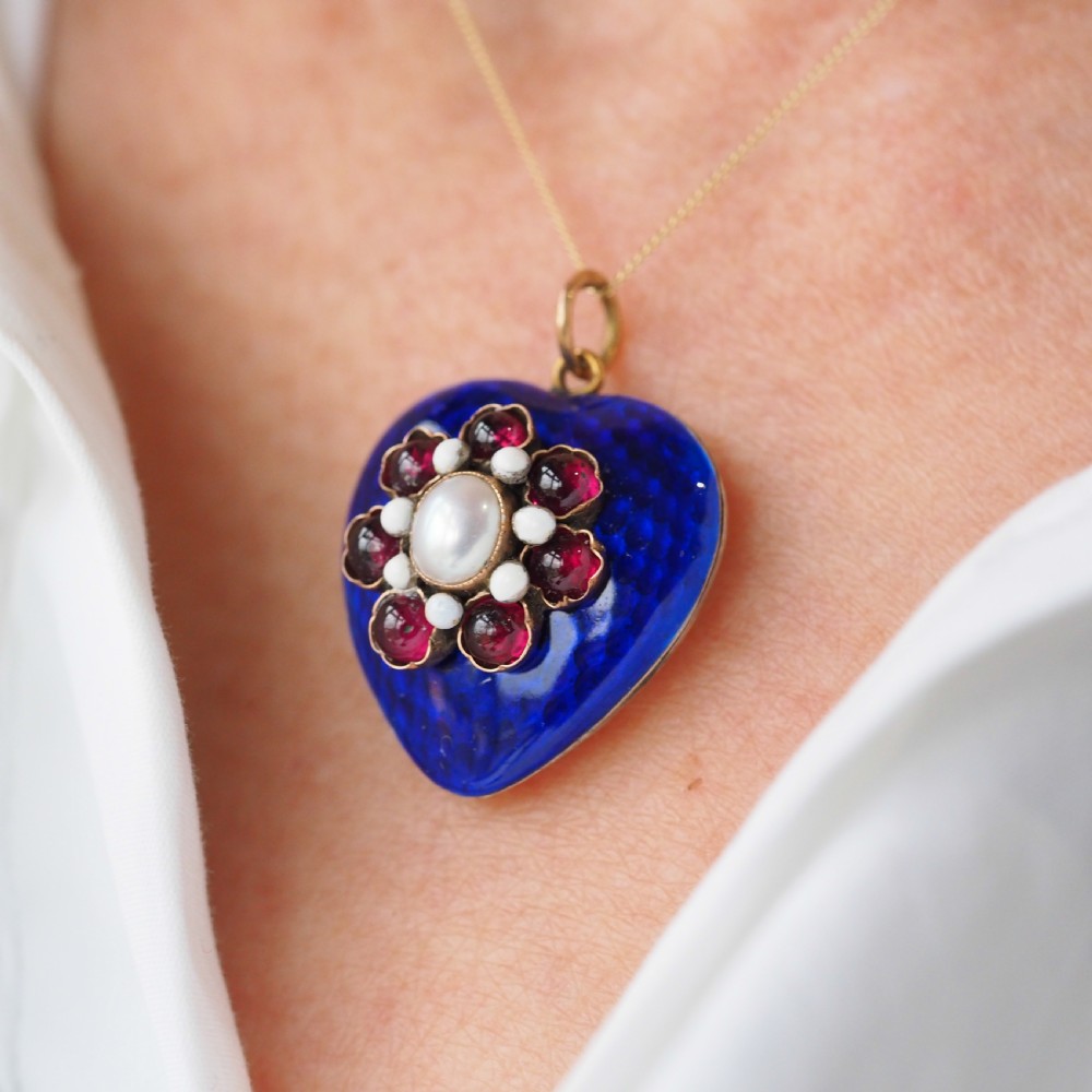 Antique Victorian Blue Enamel Garnet & Pearl 'Puffy' Heart Shaped Pendant Necklace - c.1900 View IX