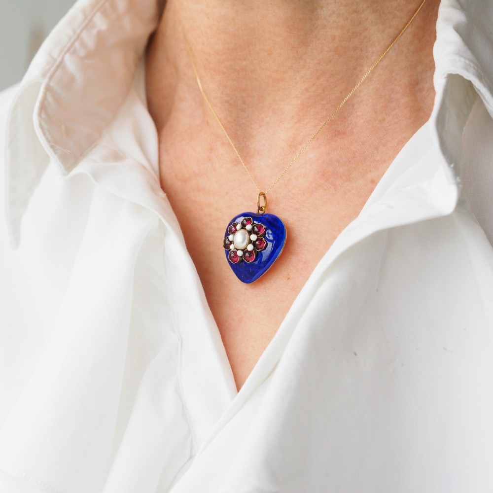 Antique Victorian Blue Enamel Garnet & Pearl 'Puffy' Heart Shaped Pendant Necklace - c.1900 View X