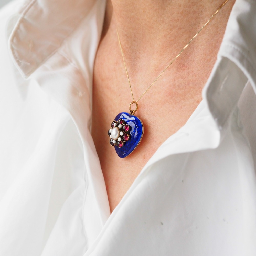 Antique Victorian Blue Enamel Garnet & Pearl 'Puffy' Heart Shaped Pendant Necklace - c.1900 View XI