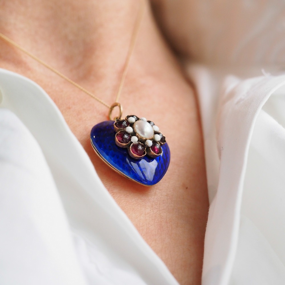 Antique Victorian Blue Enamel Garnet & Pearl 'Puffy' Heart Shaped Pendant Necklace - c.1900 View XII