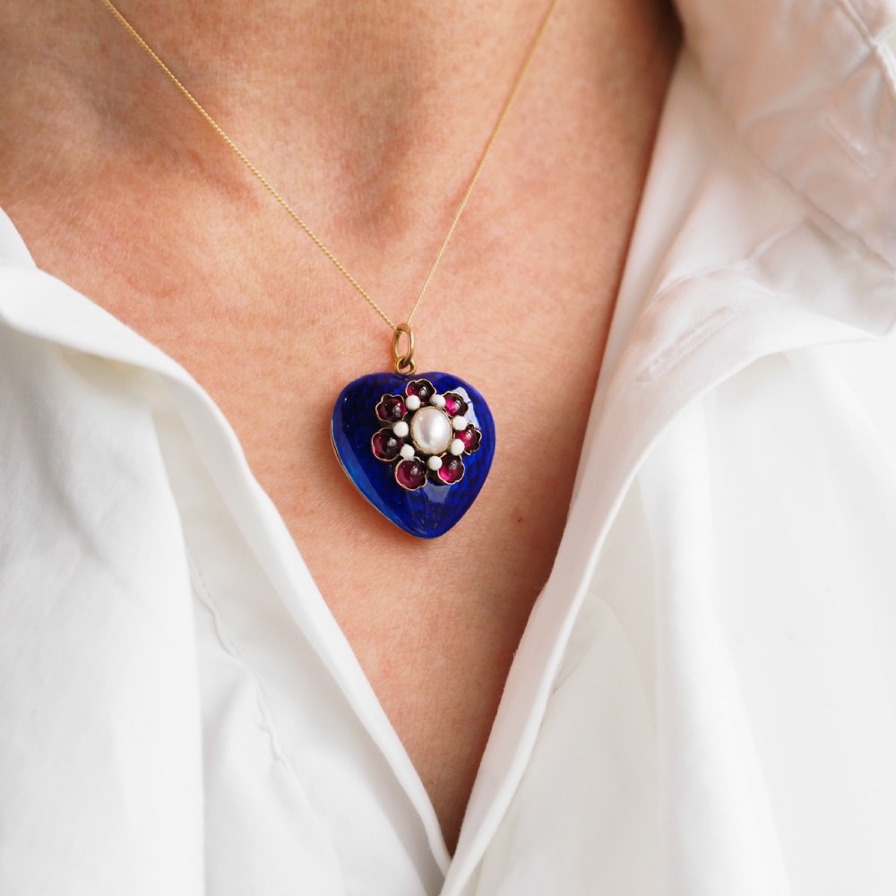 Antique Victorian Blue Enamel Garnet & Pearl 'Puffy' Heart Shaped Pendant Necklace - c.1900 View XIII
