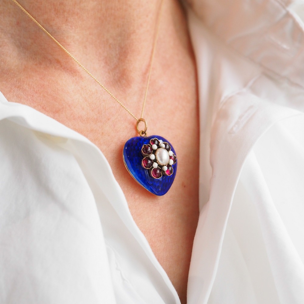 Antique Victorian Blue Enamel Garnet & Pearl 'Puffy' Heart Shaped Pendant Necklace - c.1900 View XIV