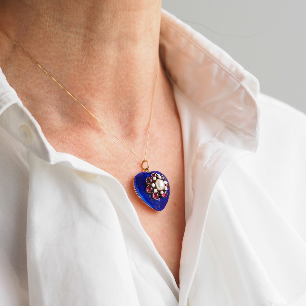 Antique Victorian Blue Enamel Garnet & Pearl 'Puffy' Heart Shaped Pendant Necklace - c.1900 View XV