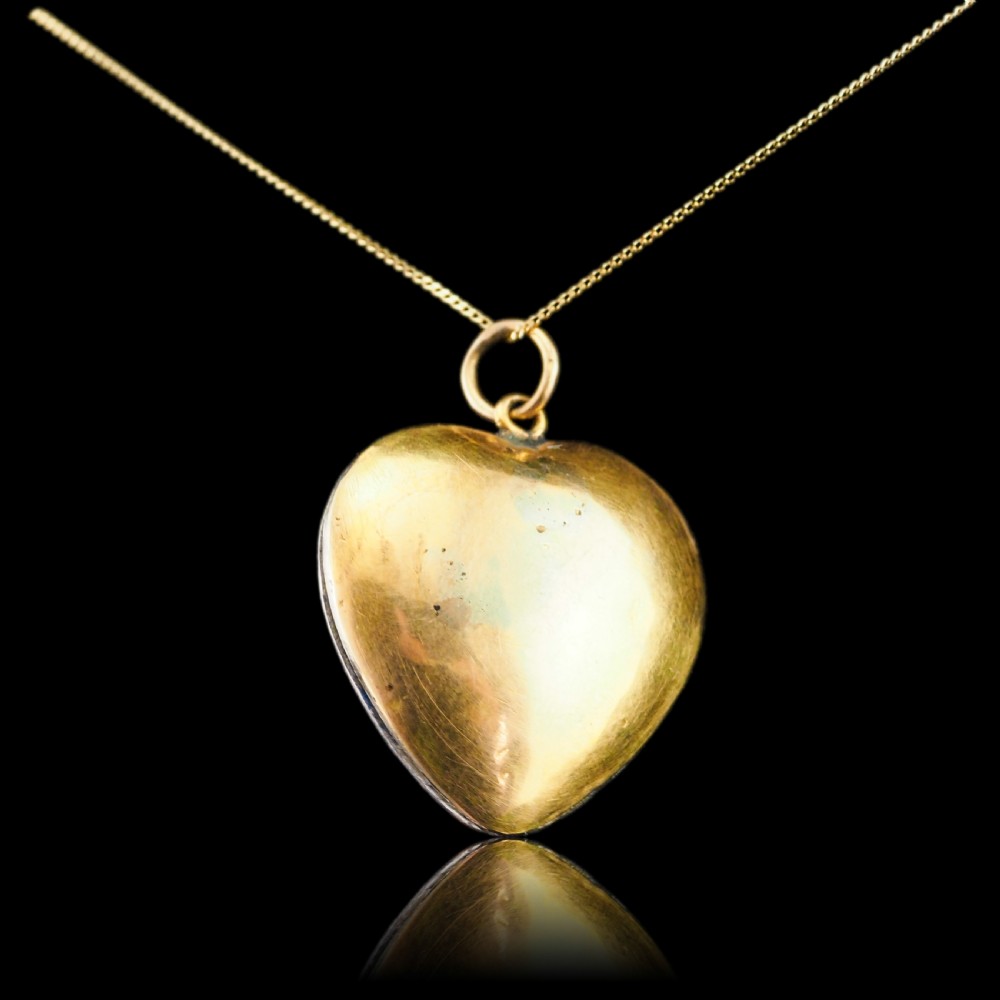 Antique Victorian Blue Enamel Garnet & Pearl 'Puffy' Heart Shaped Pendant Necklace - c.1900 View XVI