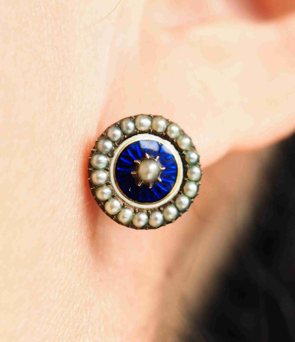Antique Georgian Gold Earrings with Blue Enamel and Seed Pearl Cluster 'Target' Design - c.1800