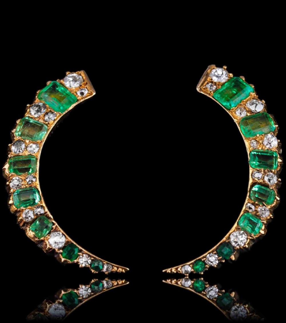 Antique Victorian Emerald & Diamond Earrings 18ct Gold Crescent Design - c.1890