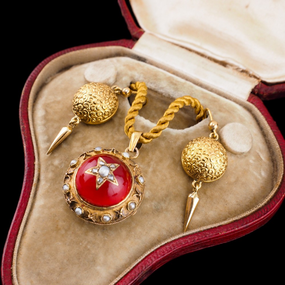 Antique Victorian Diamond & Pearl Star Necklace with Red Rock Crystal 15K Gold - c.1880 View VII